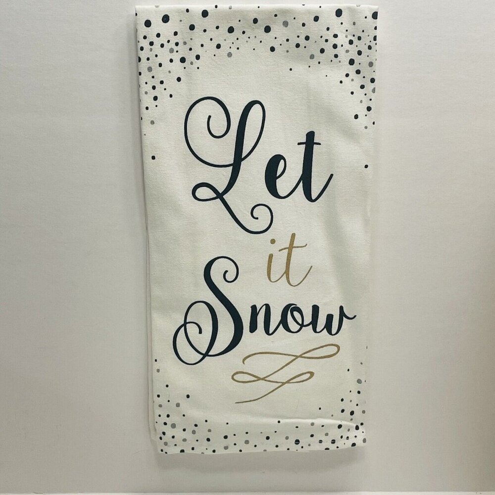 Winter Kitchen Towel Dishtowel 16x26" Cotton Let It Snow Black Silver Gold NWOT